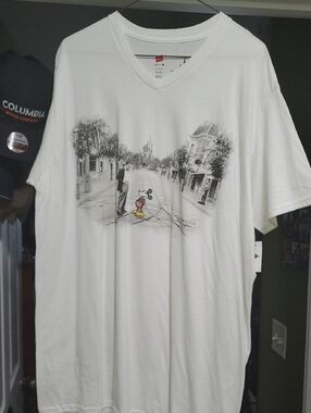 XL Hanes White V-Neck Graphic Tee with Mickey & Walt  Accent
